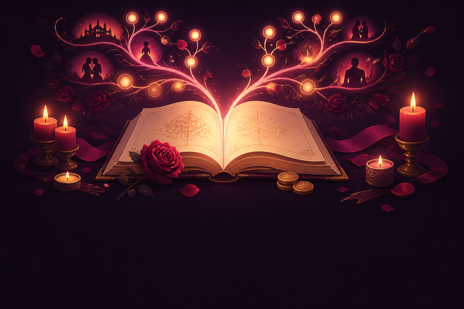 An open romance novel glowing with candlelight, its pages branching into two lit story paths